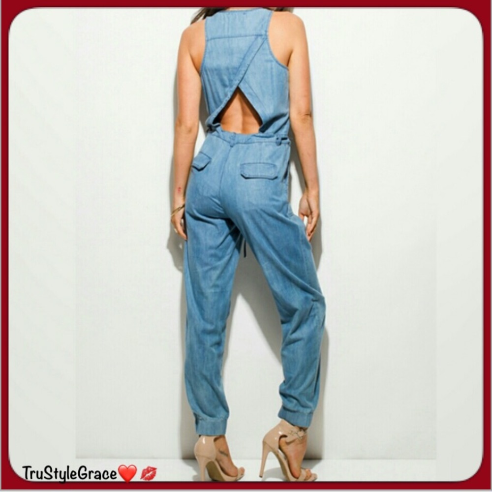 Last One đ Chambray Denim Cut Out Back Jumpsuit - Picture 4 of 6