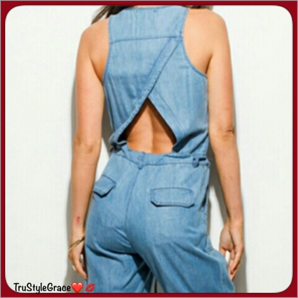 Last One đ Chambray Denim Cut Out Back Jumpsuit - Picture 5 of 6