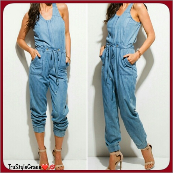 Last One 💙 Chambray Denim Cut Out Back Jumpsuit - Picture 2 of 6
