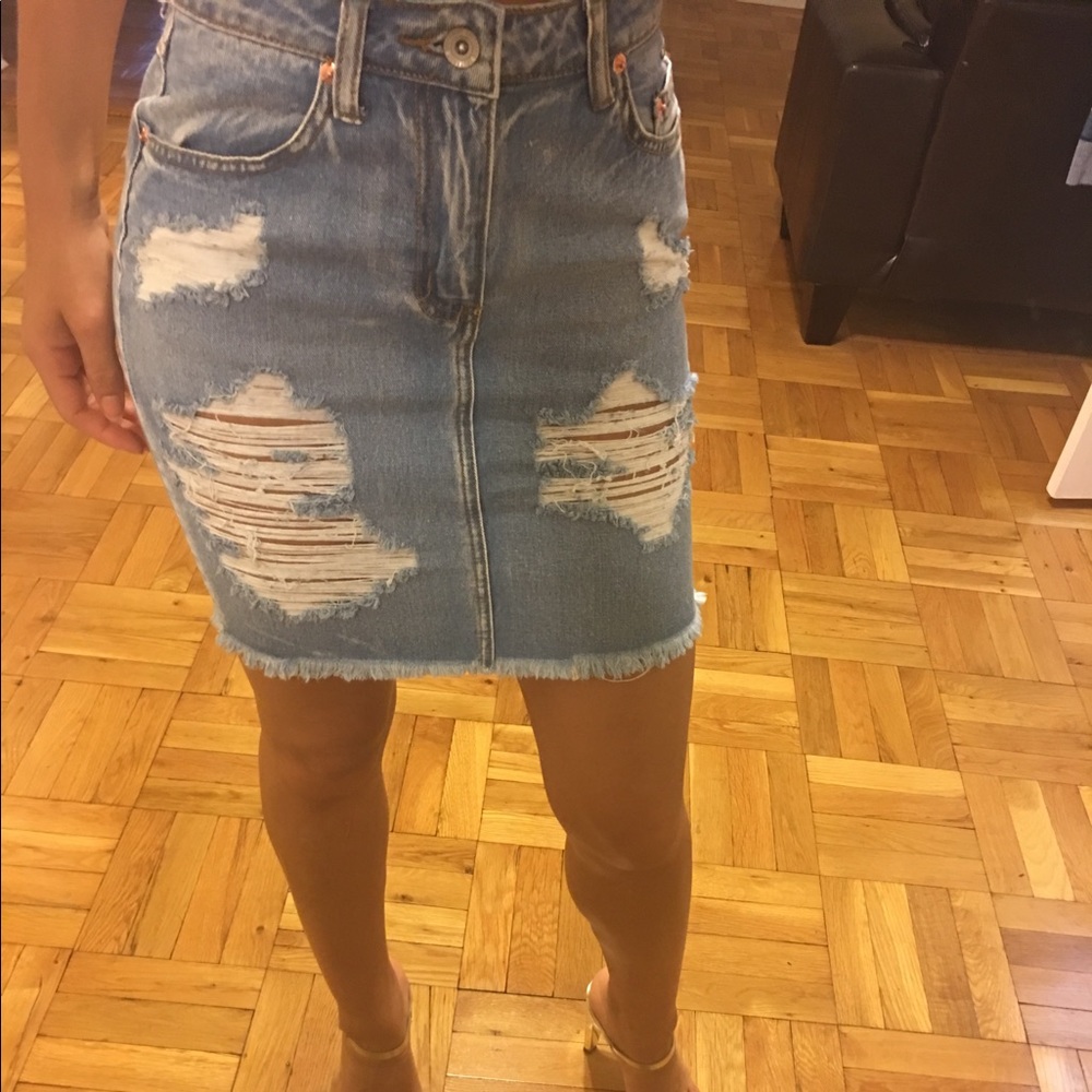 Distressed denim pencil skirt