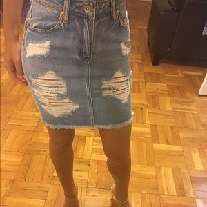 Distressed denim pencil skirt