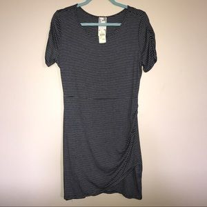 Navy blue and white striped fitted dress