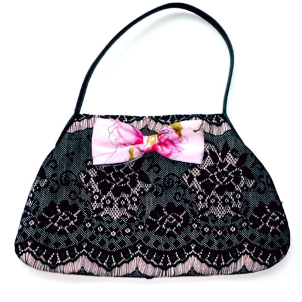 Handbag Romantic Black Lace Pink Silk Wedding OOAK Hand Made French Wearable Art