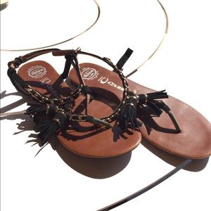New Jeffrey Campbell black, tasseled sandals