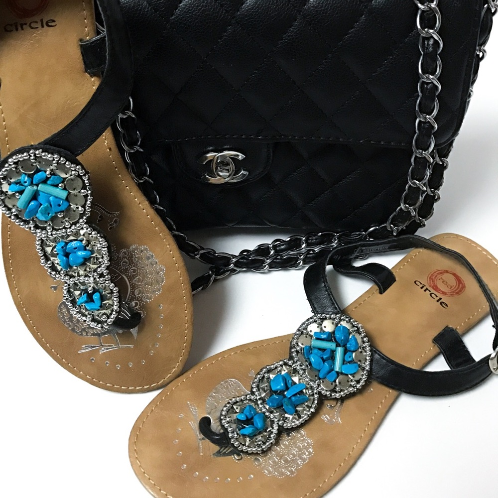 Black Sandals with Silver and Turquoise beading