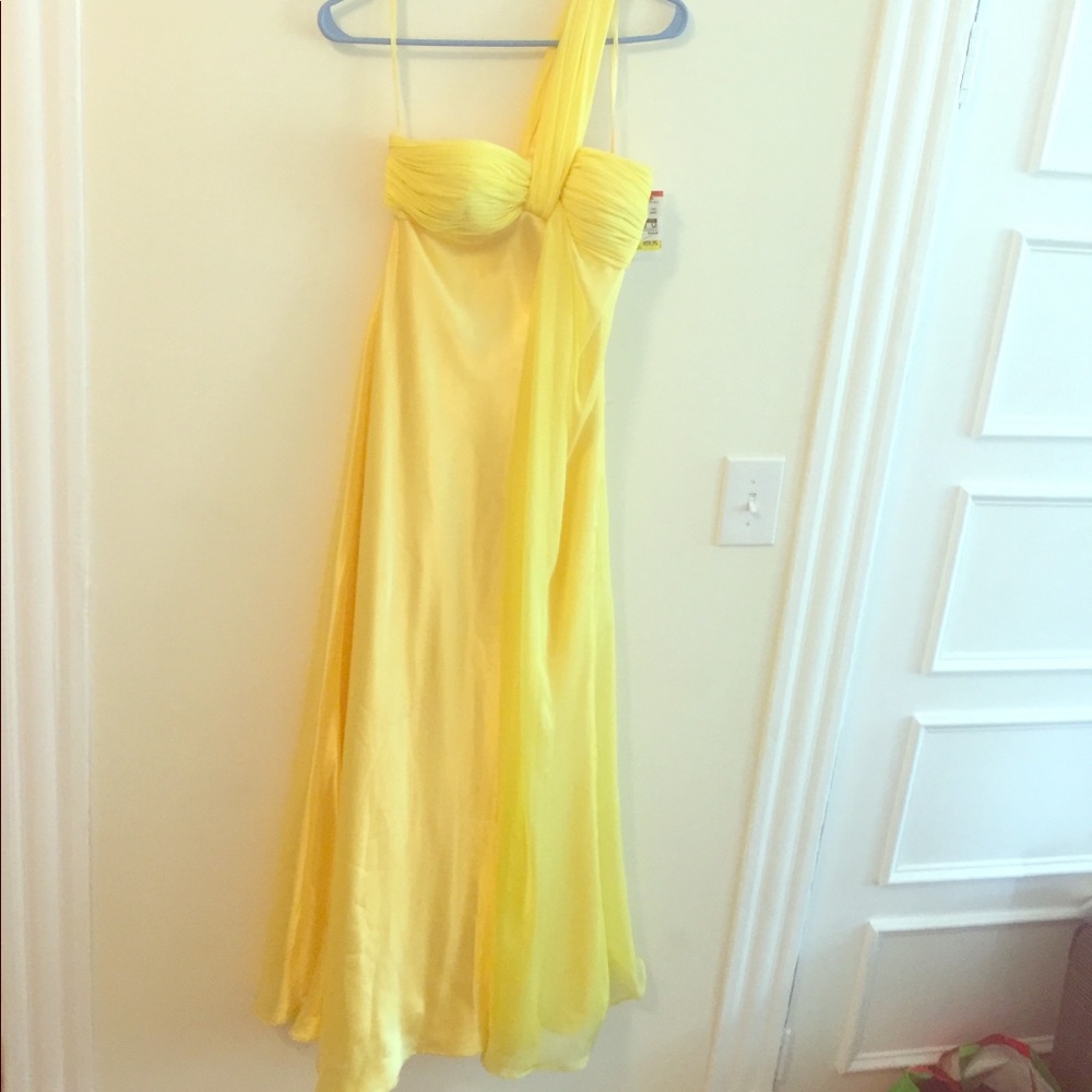 Yellow, floor length, one shoulder prom gown.