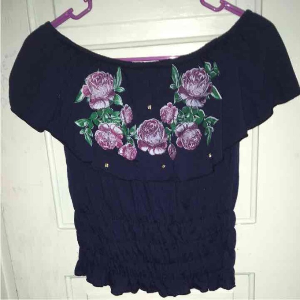 Open shoulder dark blue shirt