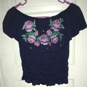 Open shoulder dark blue shirt