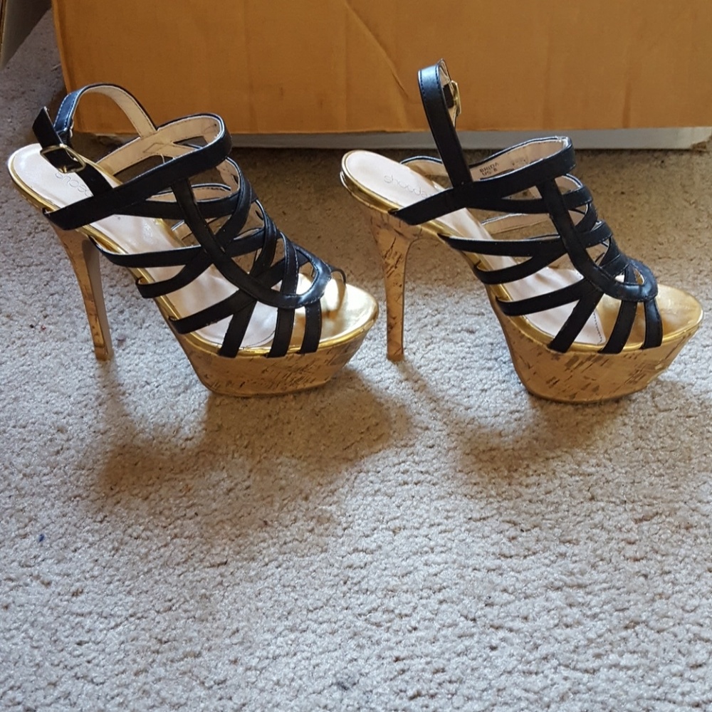 Black, gold and tab brown high heels