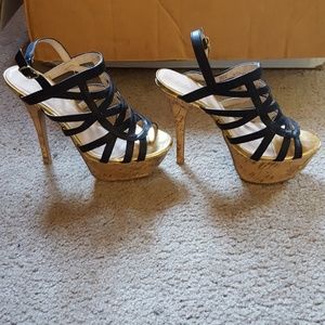 Black, gold and tab brown high heels