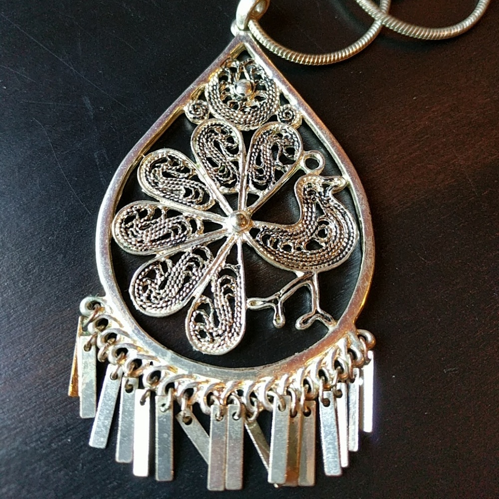Peacock silver pendant necklace