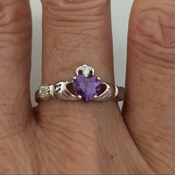 Sterling Silver Claddagh Amethyst CZ Heart Ring, February Birthstone - Picture 5 of 6