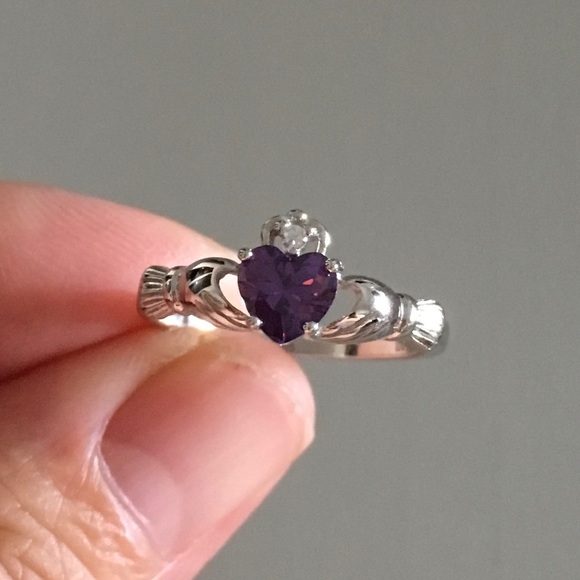 Sterling Silver Claddagh Amethyst CZ Heart Ring, February Birthstone - Picture 2 of 6