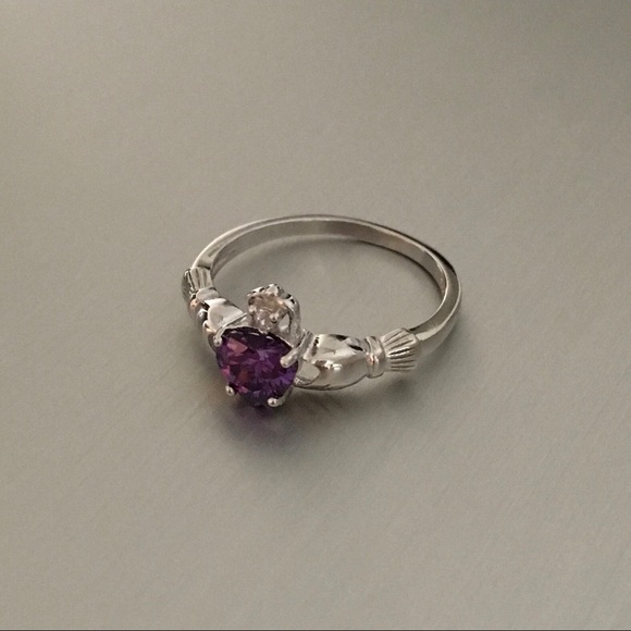 Sterling Silver Claddagh Amethyst CZ Heart Ring, February Birthstone - Picture 4 of 6