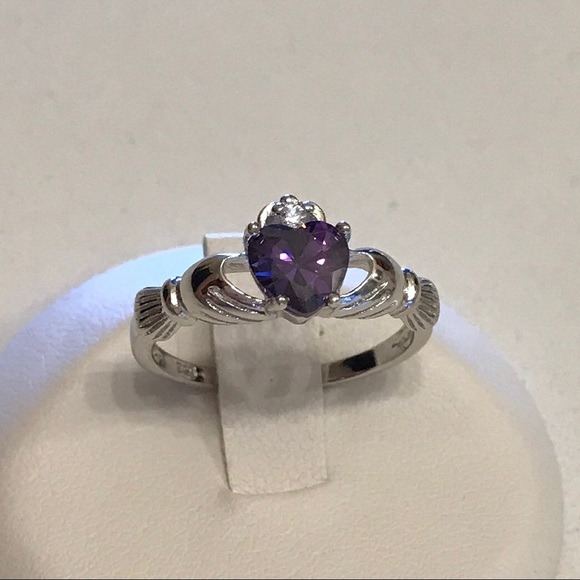 Sterling Silver Claddagh Amethyst CZ Heart Ring, February Birthstone - Picture 1 of 6