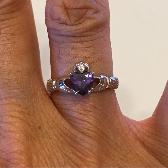Sterling Silver Claddagh Amethyst CZ Heart Ring, February Birthstone - Picture 3 of 6