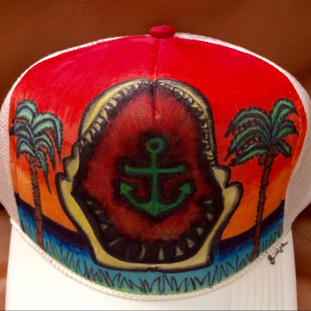 Shark teeth jawbone beach scene sunset mesh cap