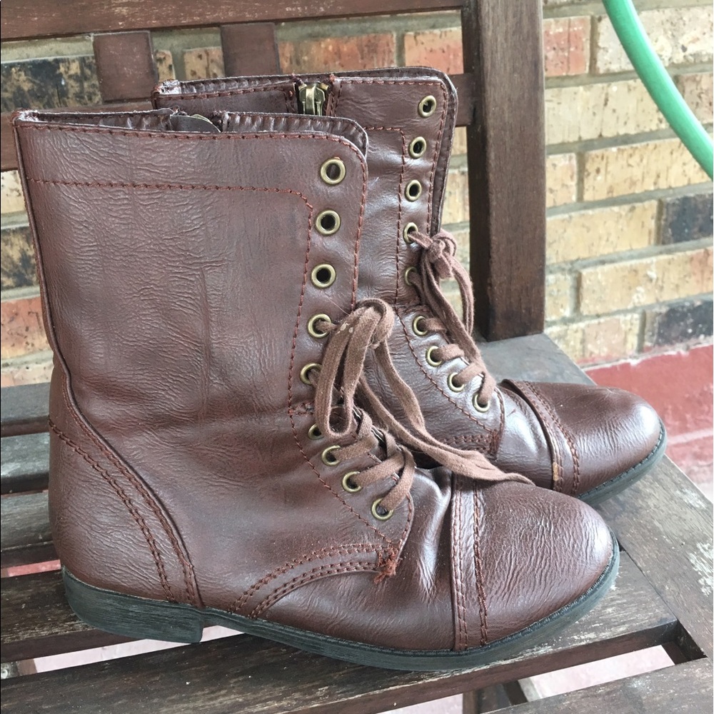 Brown leather lace up combat style boots
