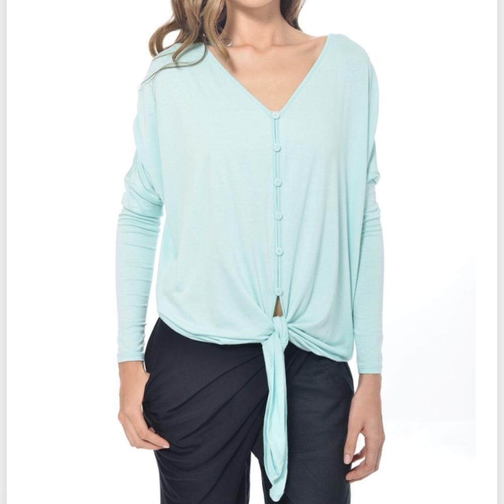 Mint stretch-jersey feminine tie front long-sleeve