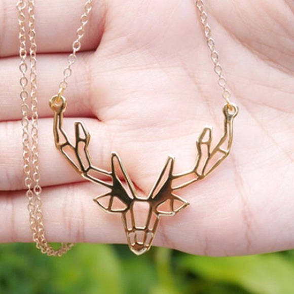 Origami Deer Antler Pendant Dainty Necklace Gold - Picture 2 of 5