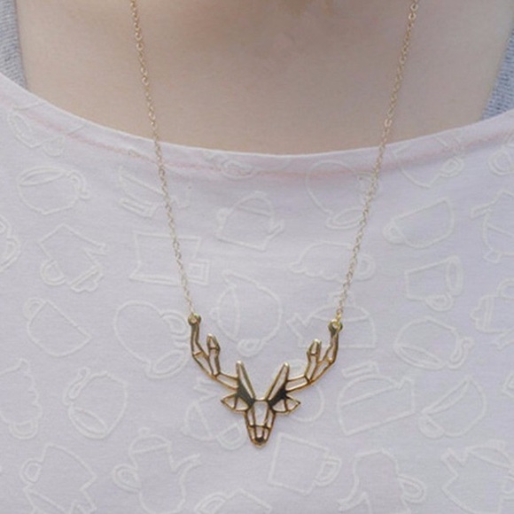 Origami Deer Antler Pendant Dainty Necklace Gold - Picture 3 of 5