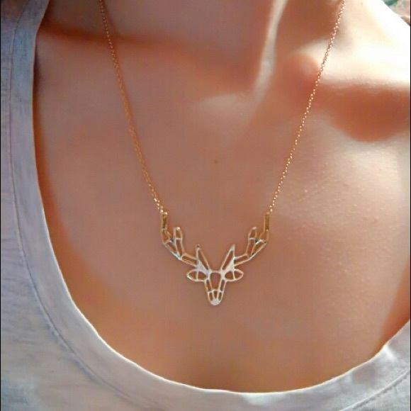 Origami Deer Antler Pendant Dainty Necklace Gold - Picture 5 of 5