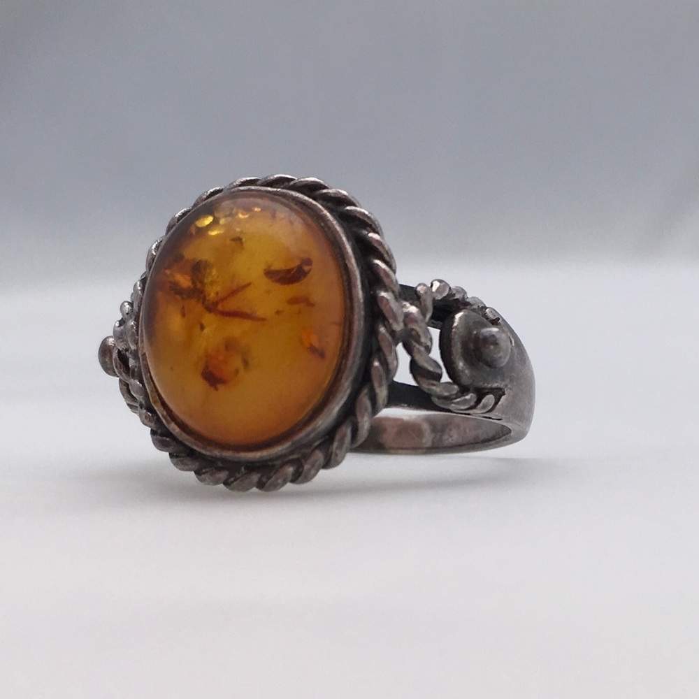 [Vintage] Boho Sterling Silver Amber Cabochon Ring