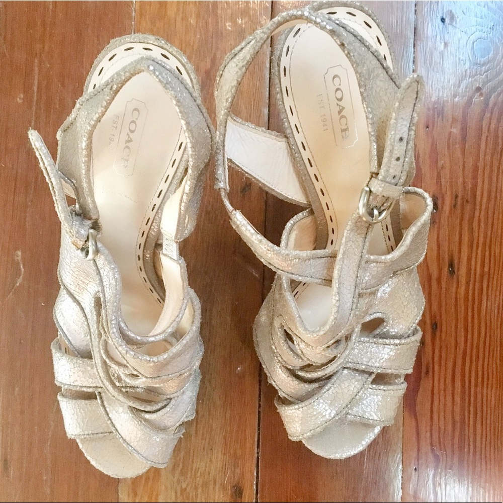 Coach gold leather shatter summer heels.