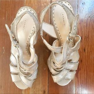 Coach gold leather shatter summer heels.