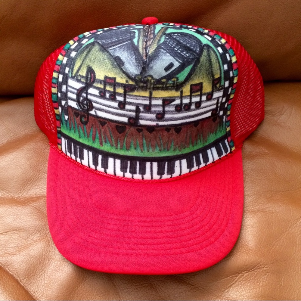 Red Musical mesh cap piano microphone music notes