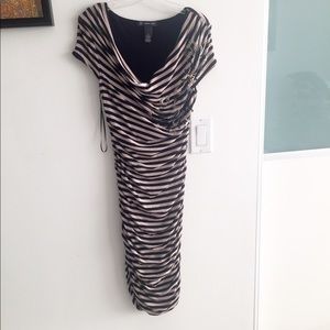 Inc. cream and black striped ruched dress 😸