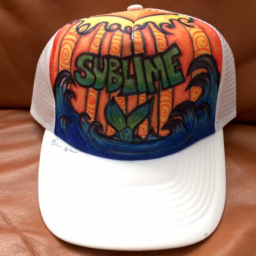 White Sublime mesh cap trippy sun rays fish tails