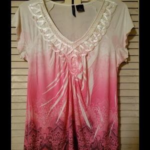 New Direction Petite Size PL Pink and Cream Shirt