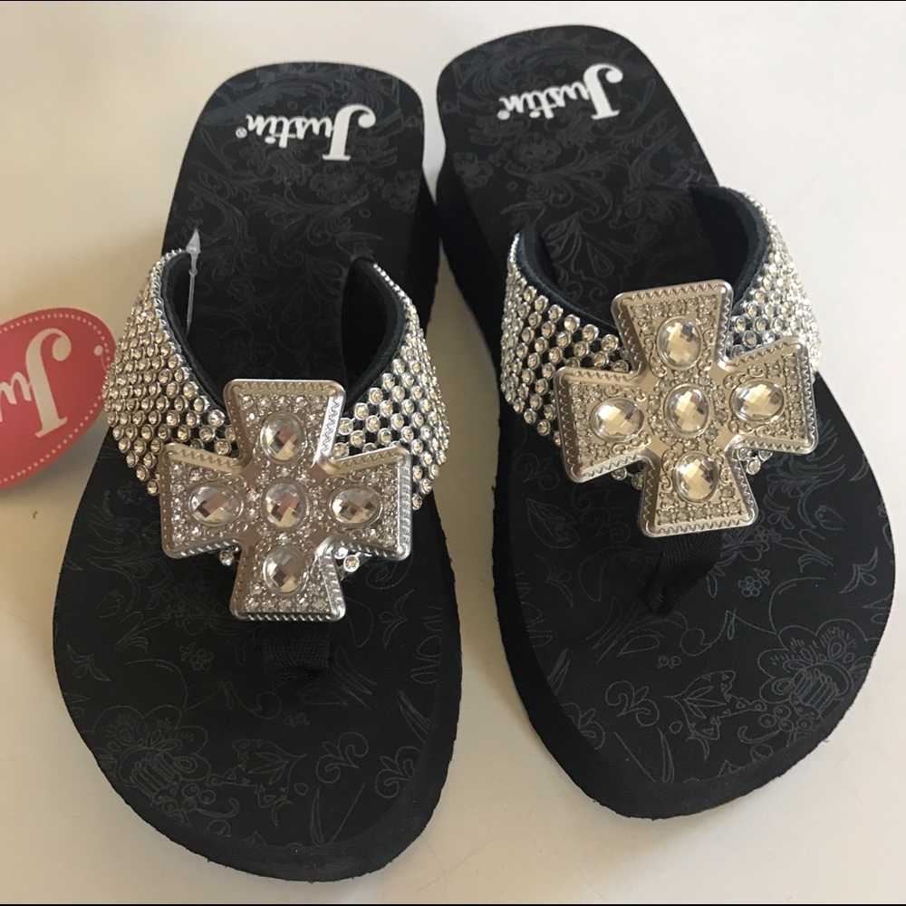 Justin mini wedge black sandals sz 6 NWT