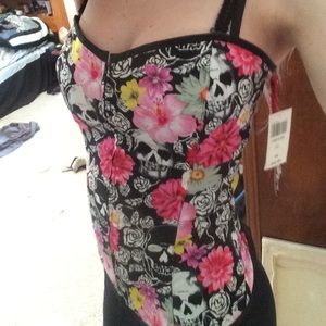 Skull and flower lace up corset
