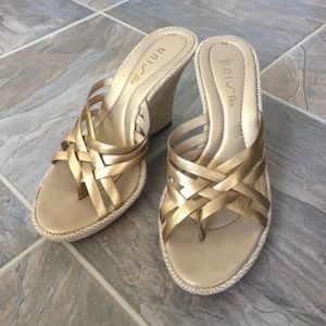 Unisa Braided Gold Espadrille Wedge Sandals