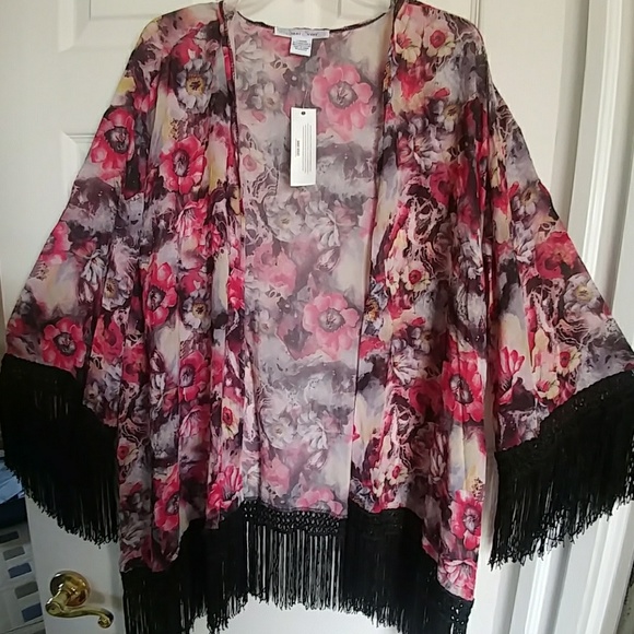 Tops - Fringe-Trimmed Floral Kimono