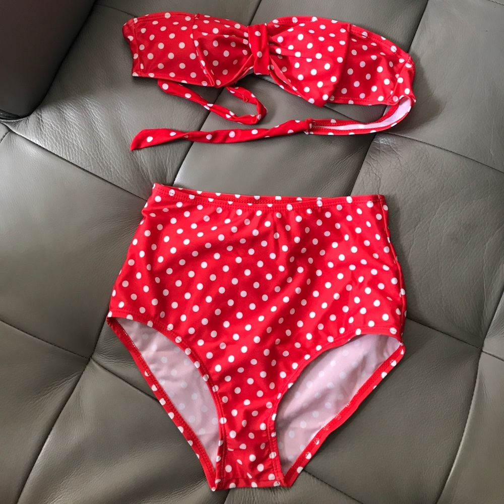 NEVER WORN Red Polka Dot High Waist Bathing Suit