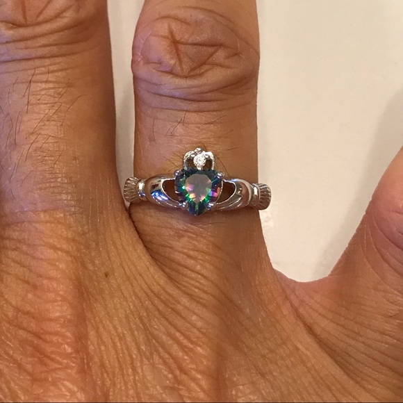 Sterling Silver Claddagh Rainbow Topaz CZ Ring, Heart Rings, Silver Ring - Picture 2 of 4