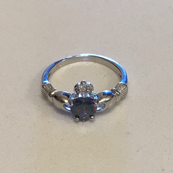 Sterling Silver Claddagh Rainbow Topaz CZ Ring, Heart Rings, Silver Ring - Picture 3 of 4
