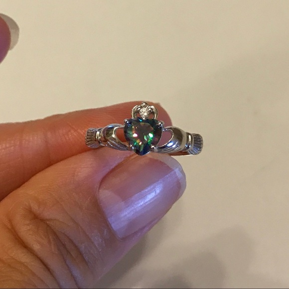 Sterling Silver Claddagh Rainbow Topaz CZ Ring, Heart Rings, Silver Ring - Picture 4 of 4