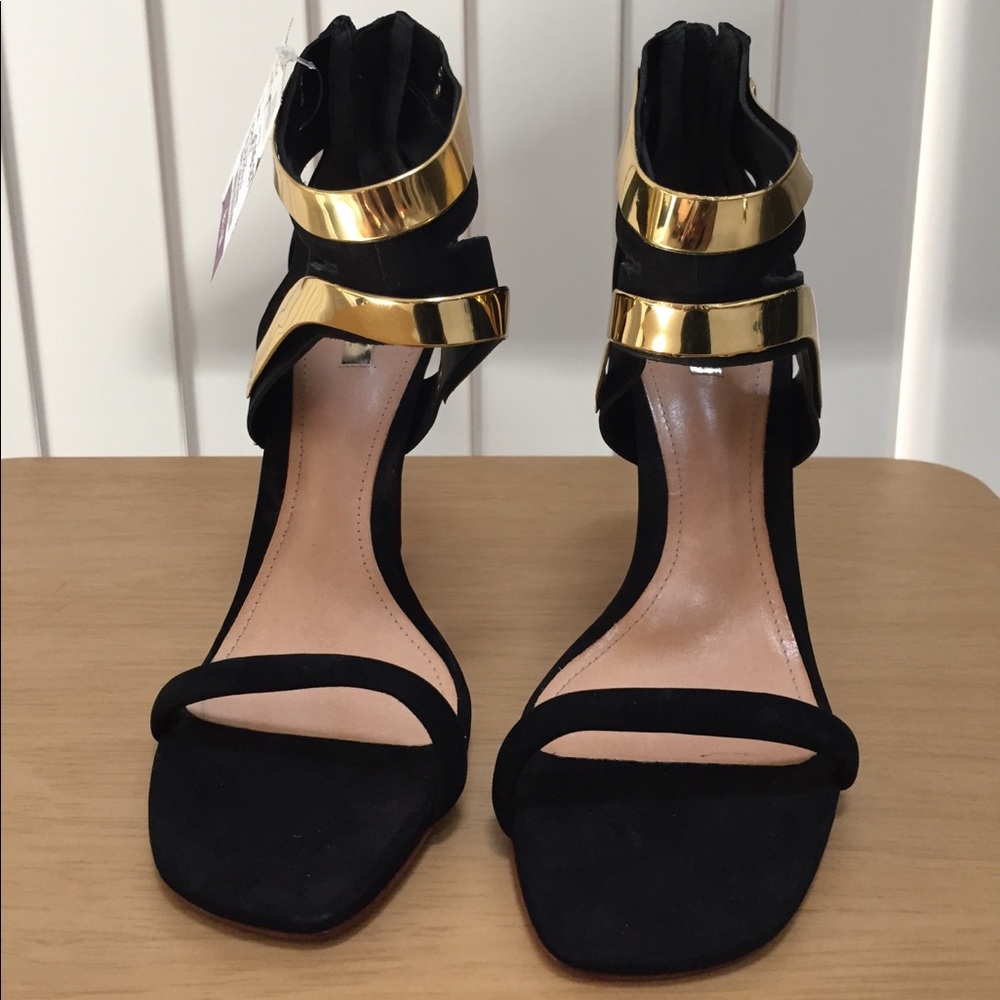 Schutz Black & Gold Estaleca Nubuck Sandals.