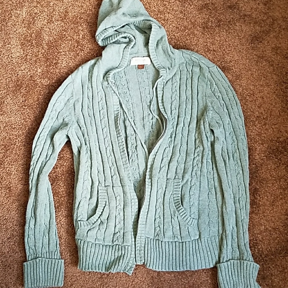 Beautiful sea green zip up hooded cabled cardigan