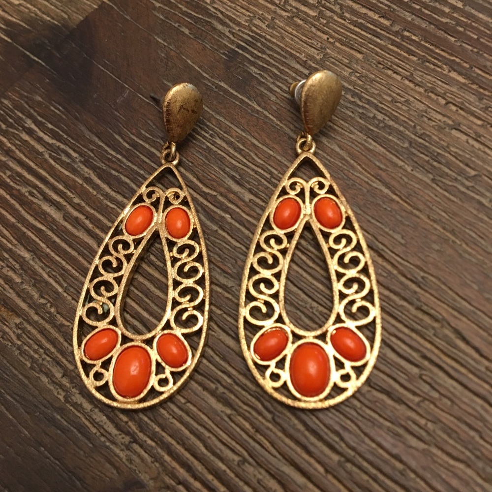 Rustic gold with burnt orange bead drop earrings