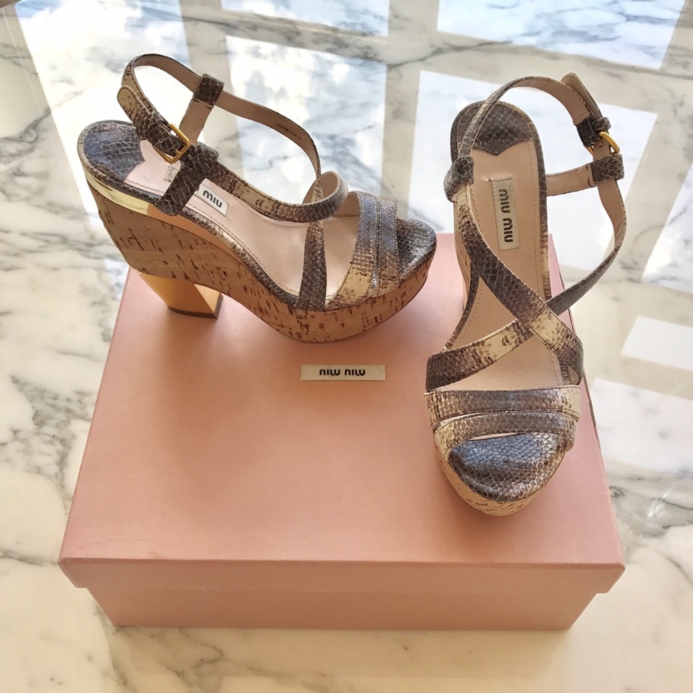 Miu Miu Roccia Python, Cork, & Gold Platform Shoe - image 2