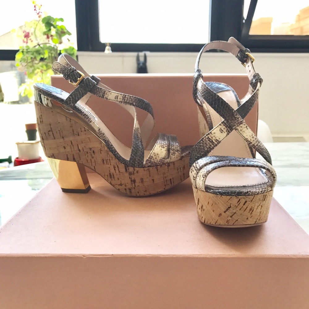 Miu Miu Roccia Python, Cork, & Gold Platform Shoe - image 1