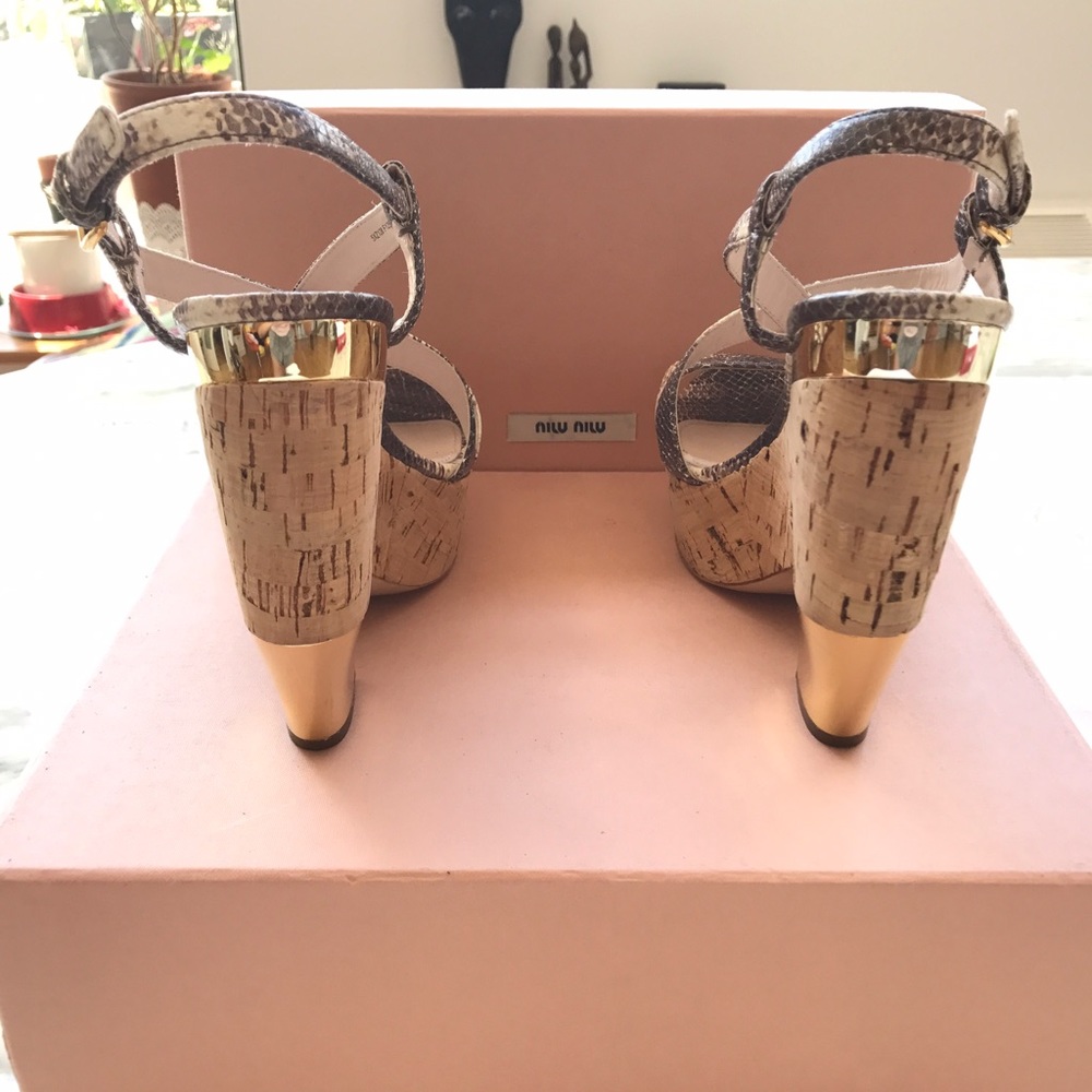 Miu Miu Roccia Python, Cork, & Gold Platform Shoe - image 4