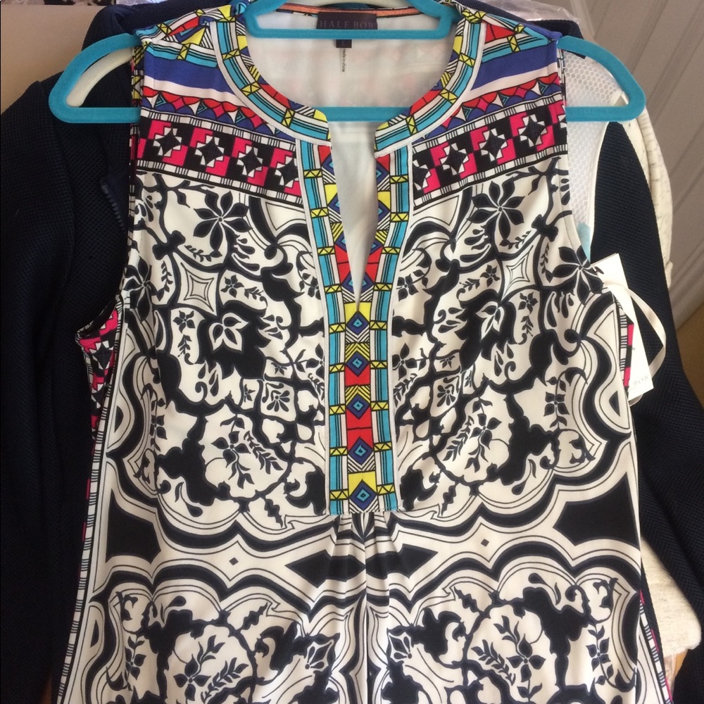 Hale Bob Split- Neck Patterned Sleeveless Dress