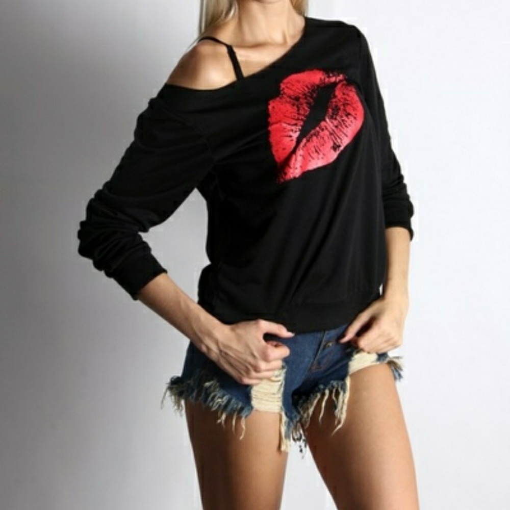 (NWOT) Lip Print Off Shoulder Sweatshirt