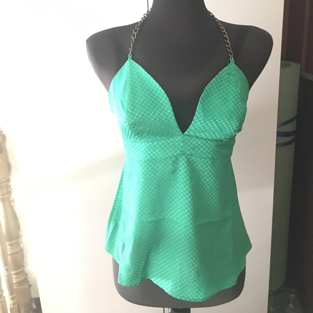 Jealous Tomato Green Silky Halter Chain Top S